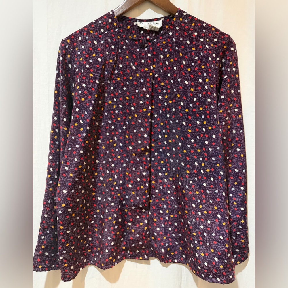 Oscar de la Renta Vintage Polka Dot Blouse Top Hidden Button Down -Burgundy- 10